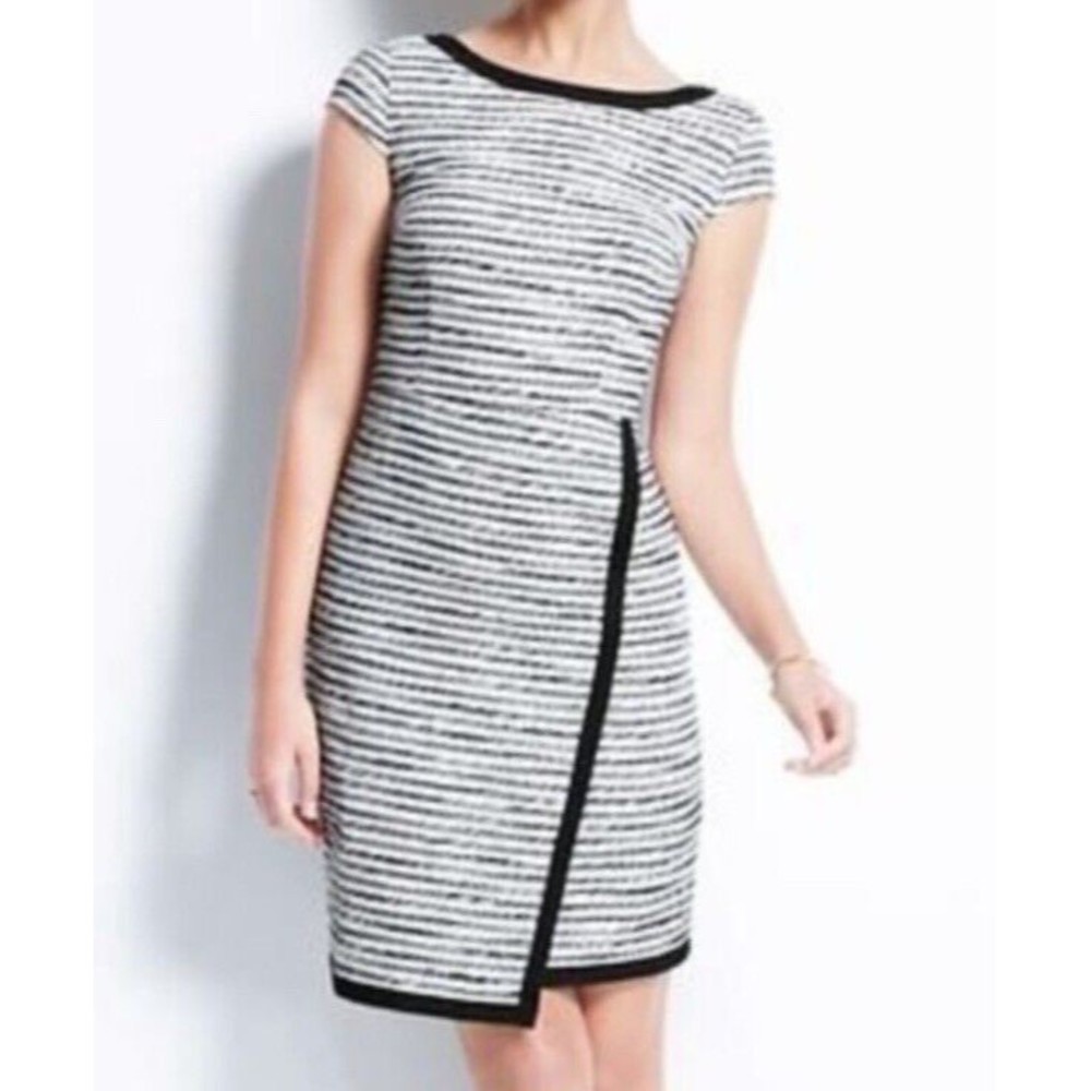 Ann Taylor Black White Stripe Tweed Cap Sleeve Knee Length Sheath Dress …